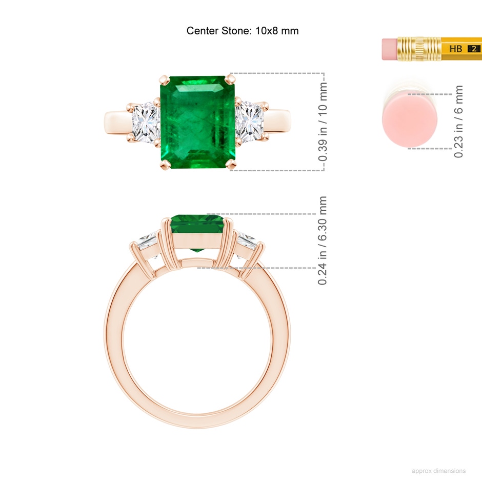 10x8mm AAA Emerald and Diamond Three Stone Ring in Rose Gold ruler