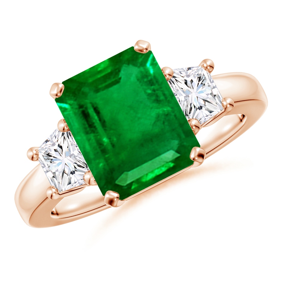 10x8mm AAAA Emerald and Diamond Three Stone Ring in Rose Gold 