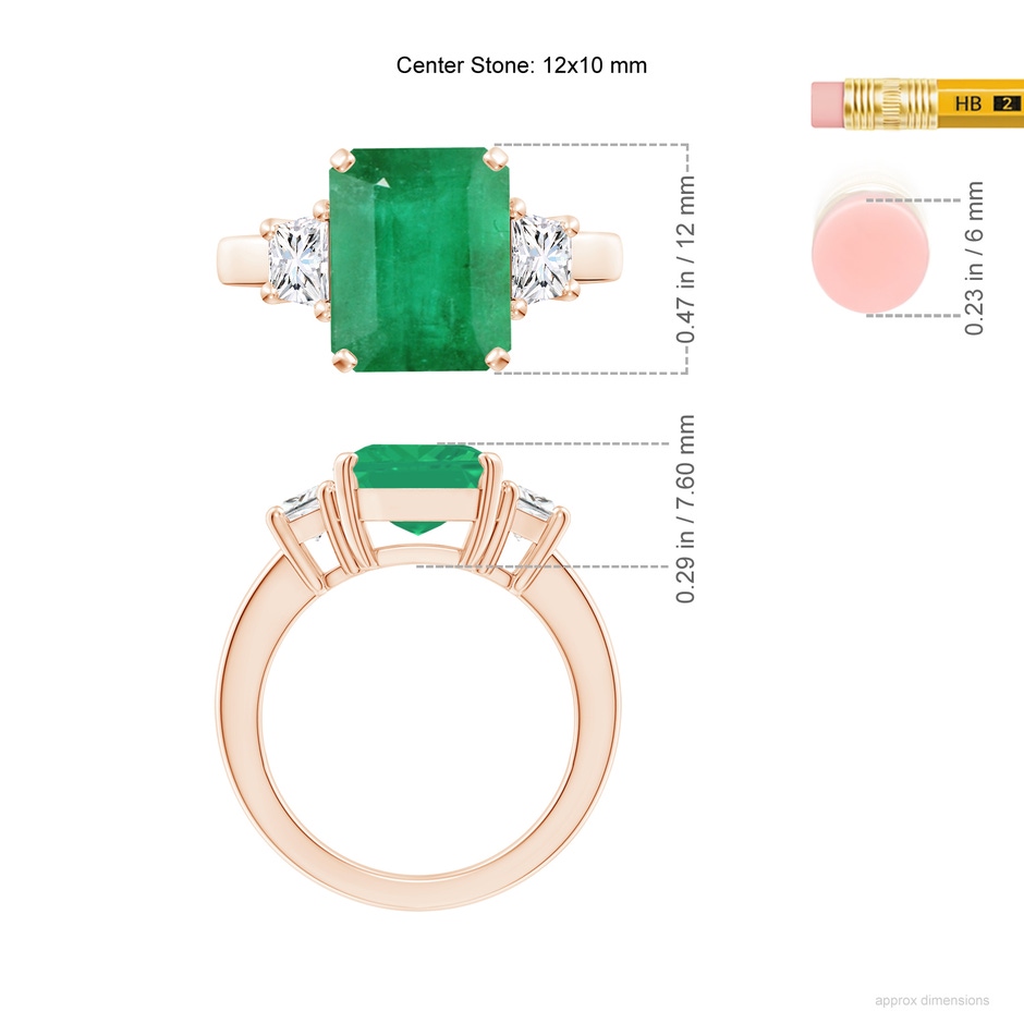 12x10mm A Emerald and Diamond Three Stone Ring in Rose Gold ruler