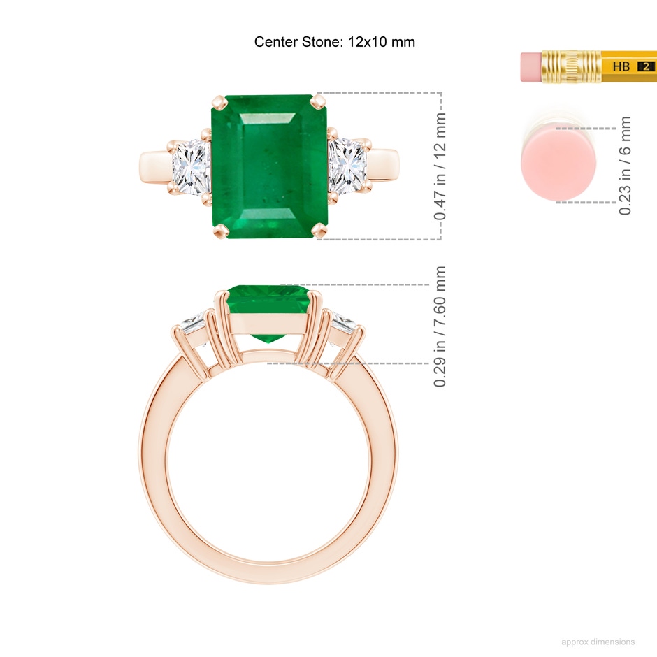 12x10mm AA Emerald and Diamond Three Stone Ring in Rose Gold ruler