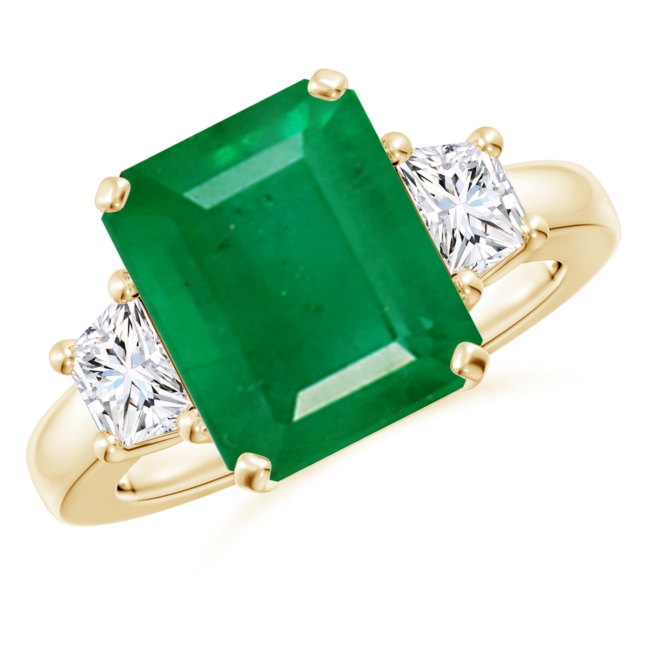 12x10mm AA Emerald and Diamond Three Stone Ring in Yellow Gold 