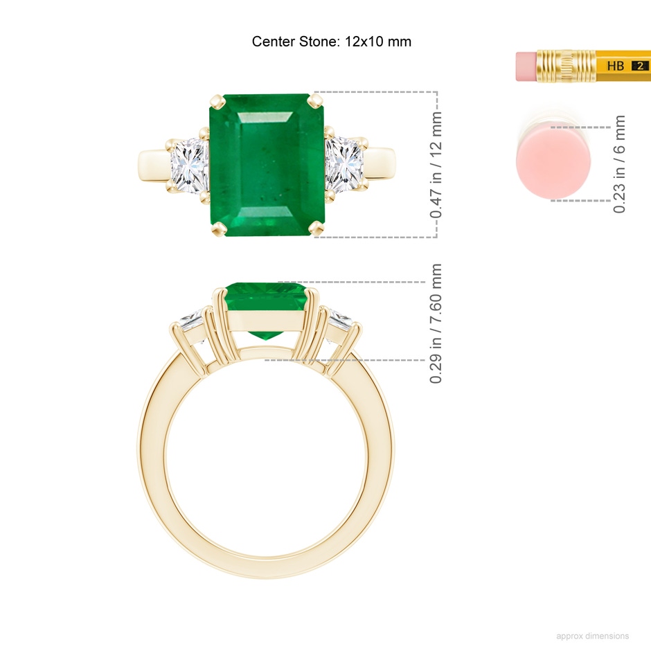 12x10mm AA Emerald and Diamond Three Stone Ring in Yellow Gold ruler