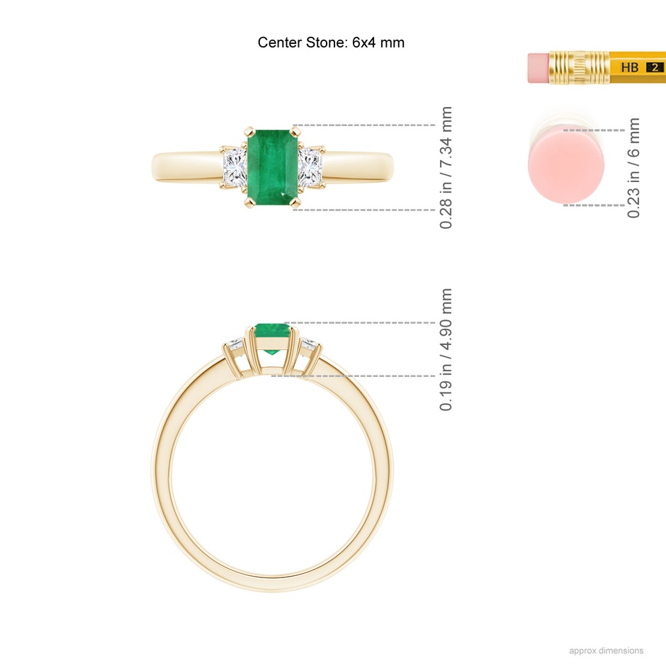 6x4mm A Emerald and Diamond Three Stone Ring in Yellow Gold ruler