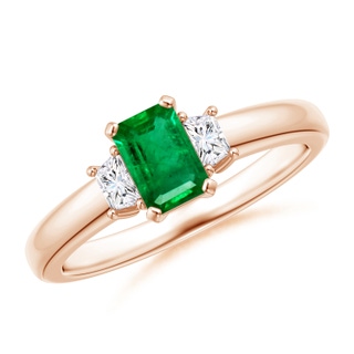 6x4mm AAA Emerald and Diamond Three Stone Ring in Rose Gold