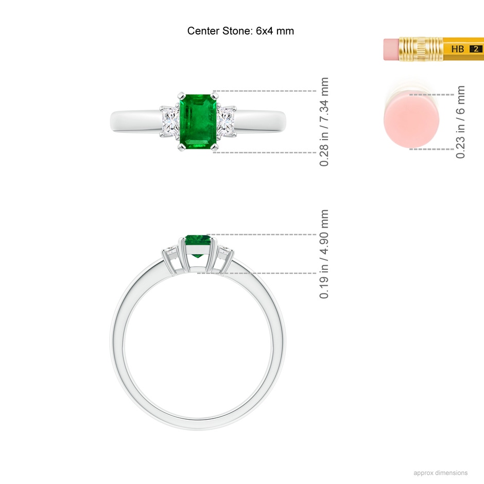 6x4mm AAAA Emerald and Diamond Three Stone Ring in P950 Platinum ruler