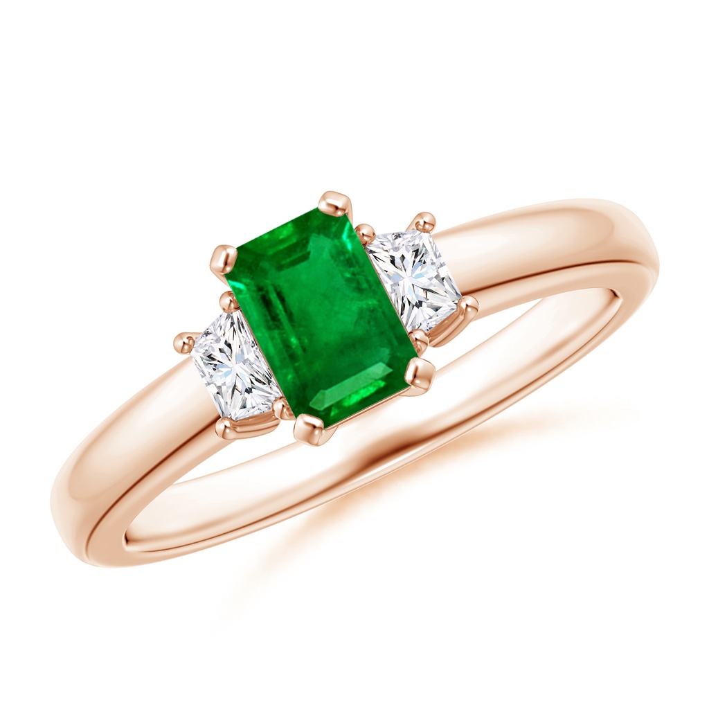 6x4mm AAAA Emerald and Diamond Three Stone Ring in Rose Gold