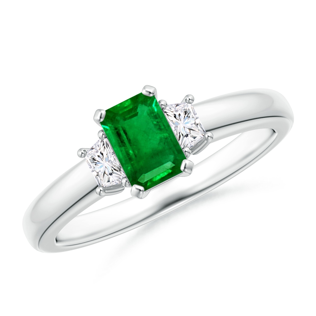 6x4mm AAAA Emerald and Diamond Three Stone Ring in White Gold