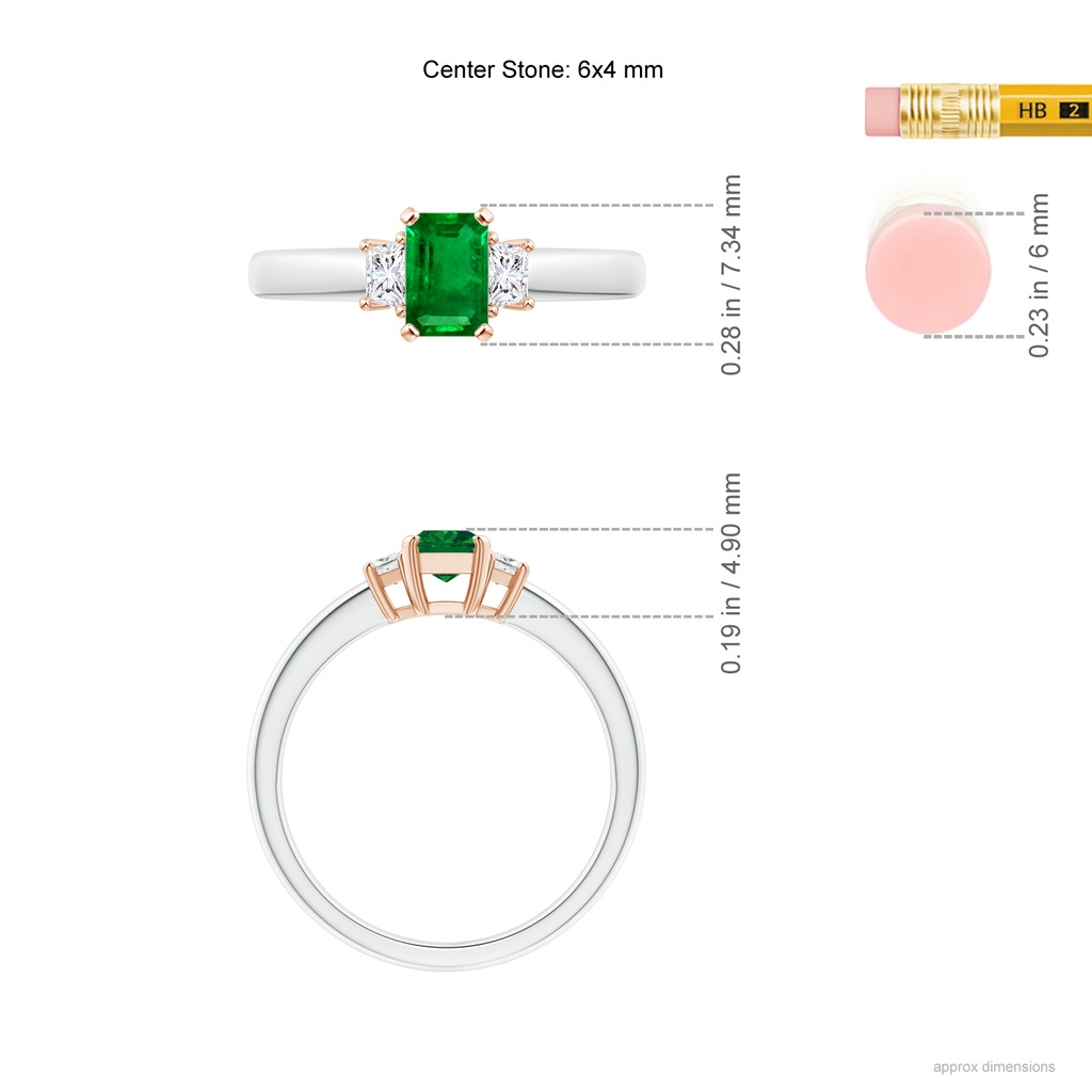 6x4mm AAAA Emerald and Diamond Three Stone Ring in White Gold Rose Gold ruler