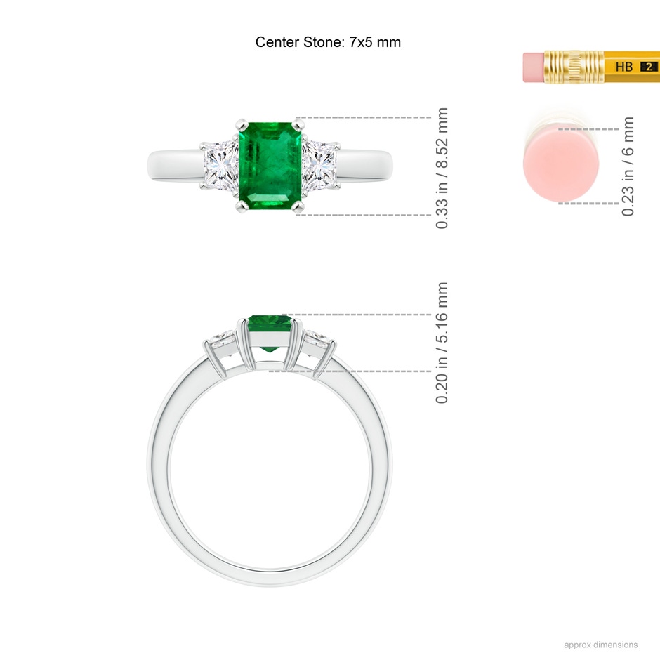 7x5mm AAA Emerald and Diamond Three Stone Ring in White Gold ruler