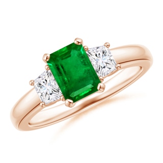7x5mm AAAA Emerald and Diamond Three Stone Ring in Rose Gold