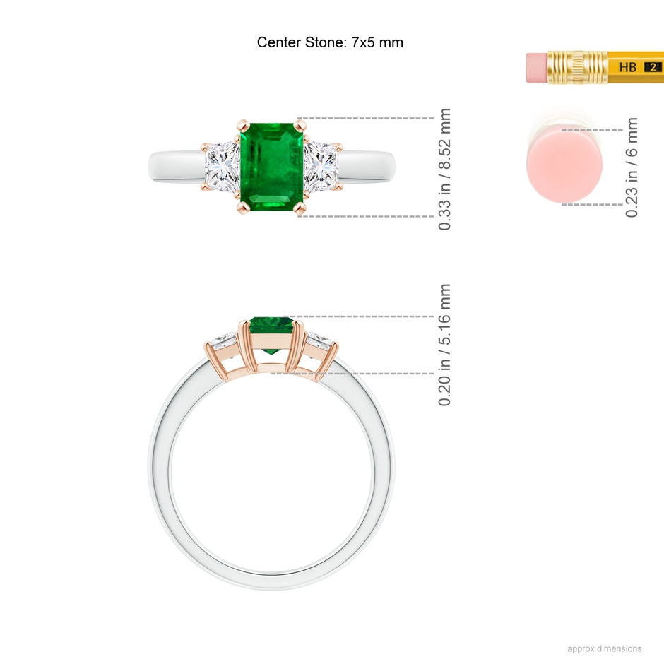 7x5mm AAAA Emerald and Diamond Three Stone Ring in White Gold Rose Gold ruler