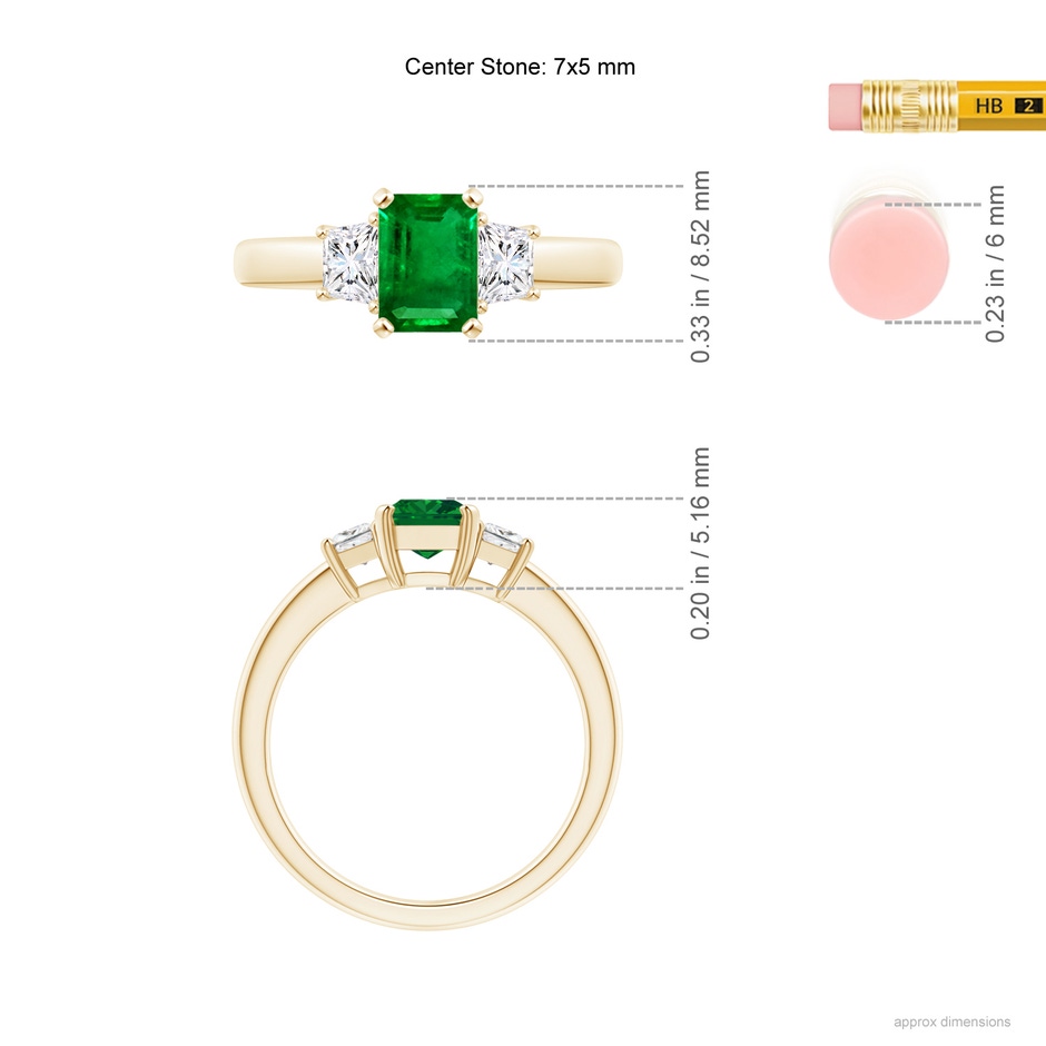 7x5mm AAAA Emerald and Diamond Three Stone Ring in Yellow Gold ruler