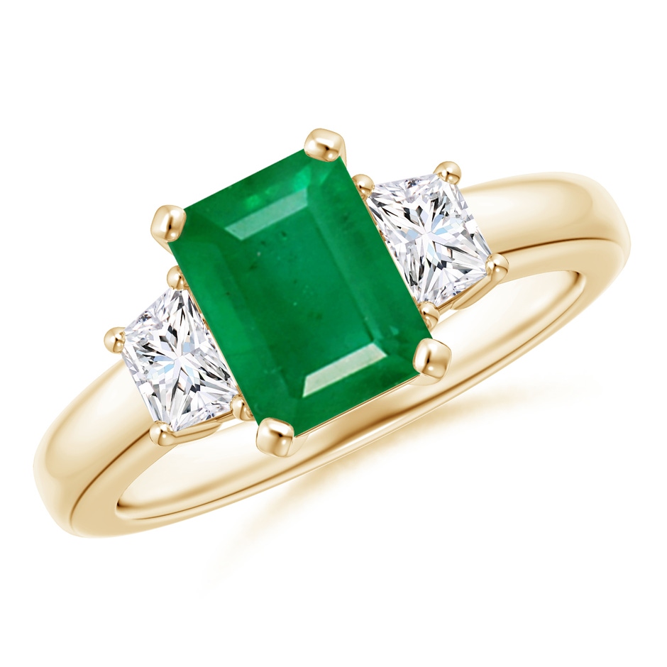 8x6mm AA Emerald and Diamond Three Stone Ring in Yellow Gold 