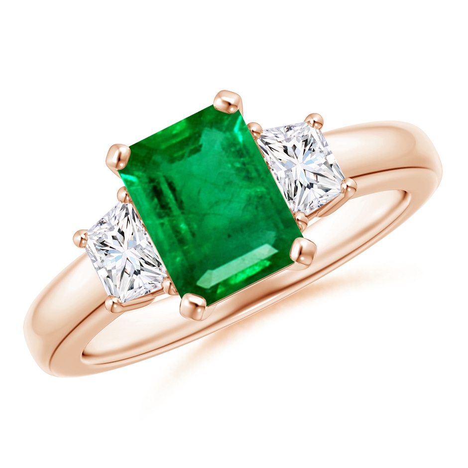 8x6mm AAA Emerald and Diamond Three Stone Ring in Rose Gold 