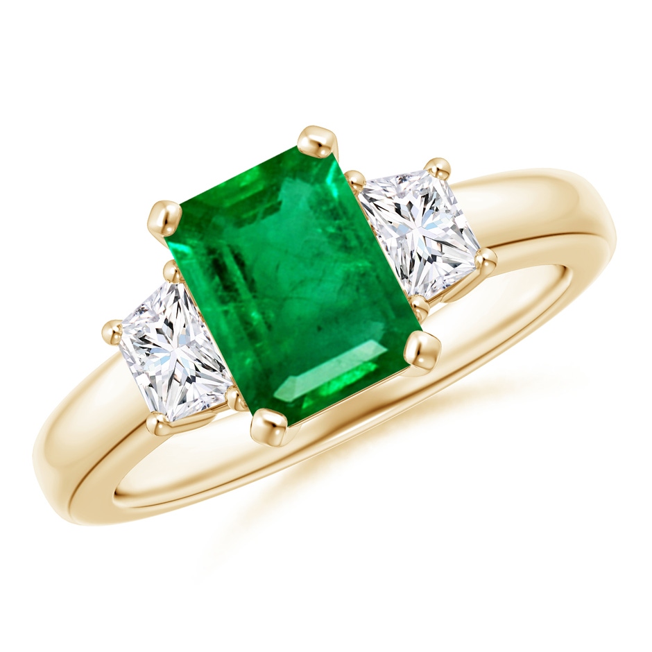 8x6mm AAA Emerald and Diamond Three Stone Ring in Yellow Gold 