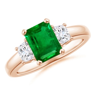 8x6mm AAAA Emerald and Diamond Three Stone Ring in Rose Gold