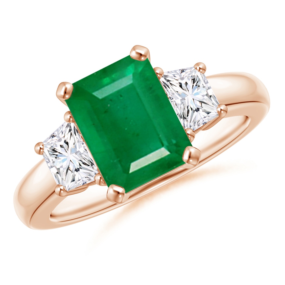 9x7mm AA Emerald and Diamond Three Stone Ring in Rose Gold 
