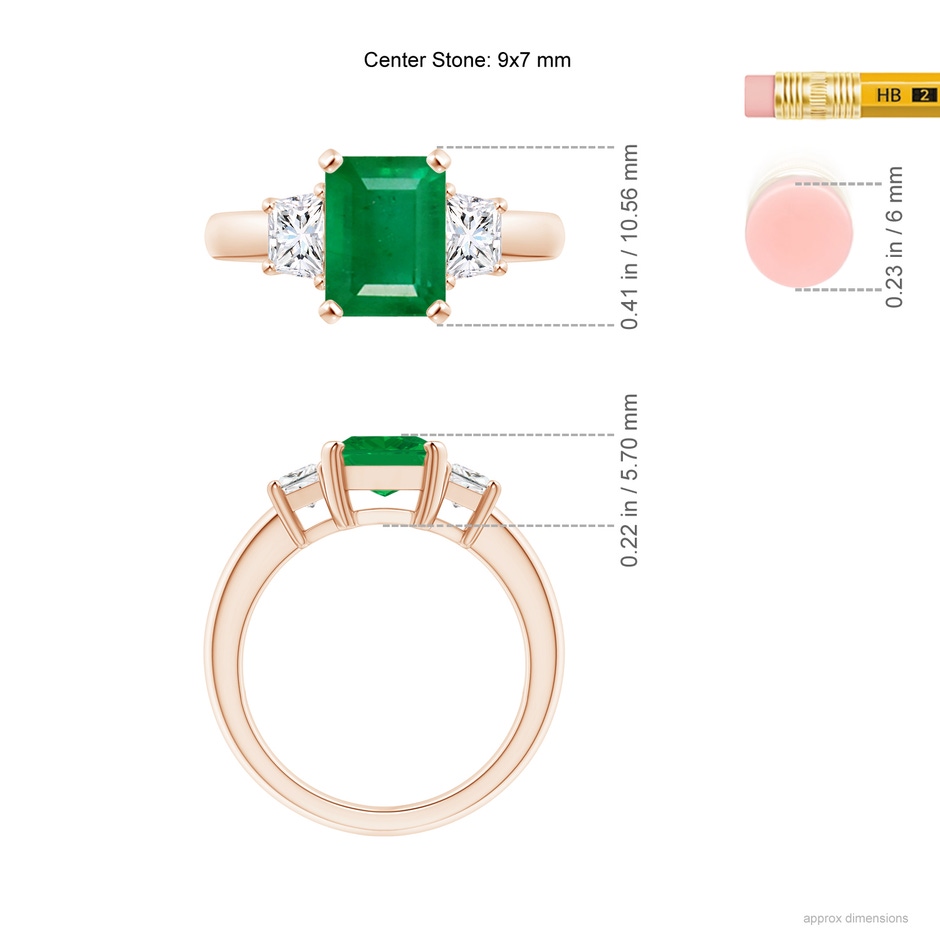 9x7mm AA Emerald and Diamond Three Stone Ring in Rose Gold ruler