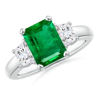 9x7mm AAA Emerald and Diamond Three Stone Ring in White Gold