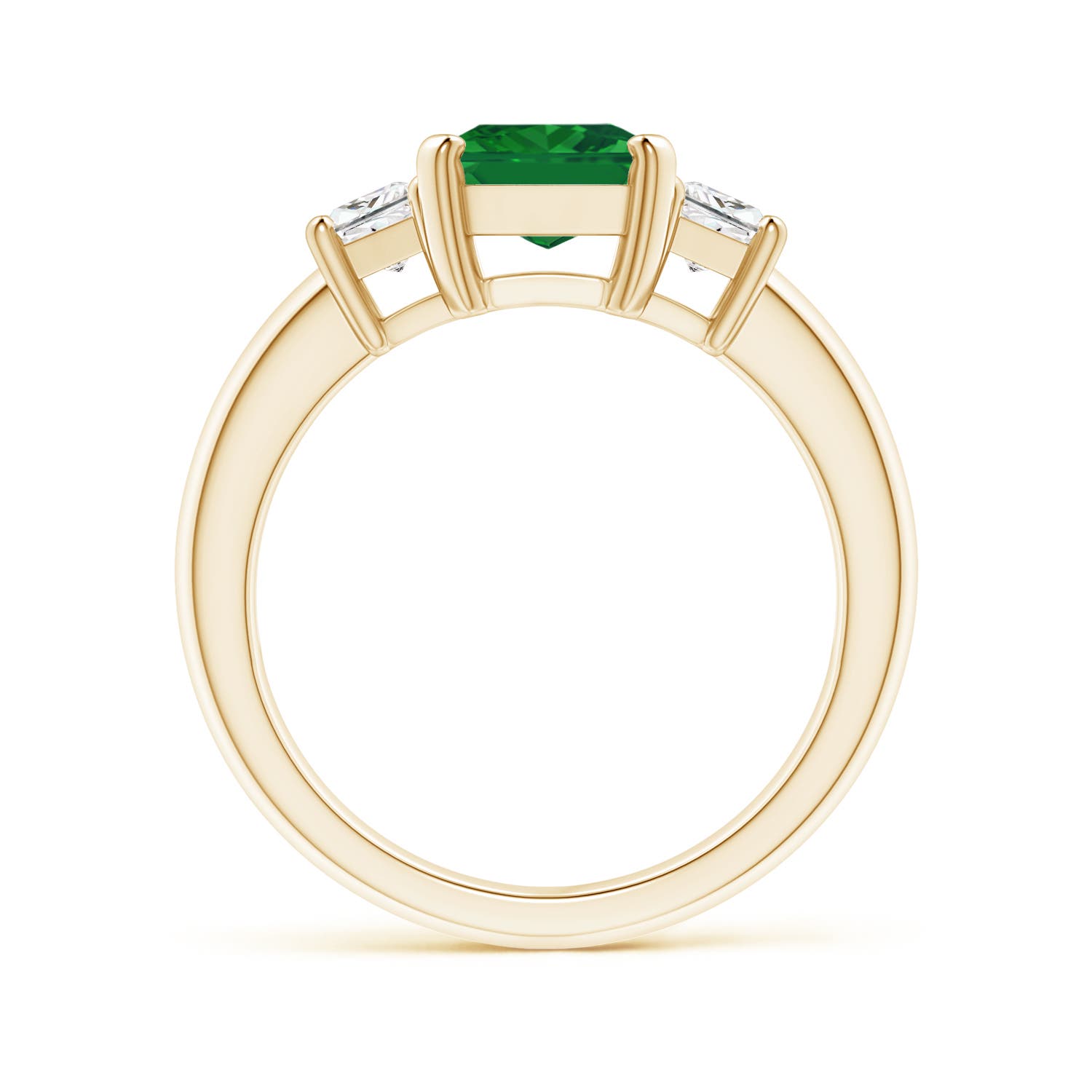 9x7mm AAA Emerald and Diamond Three Stone Ring in Yellow Gold