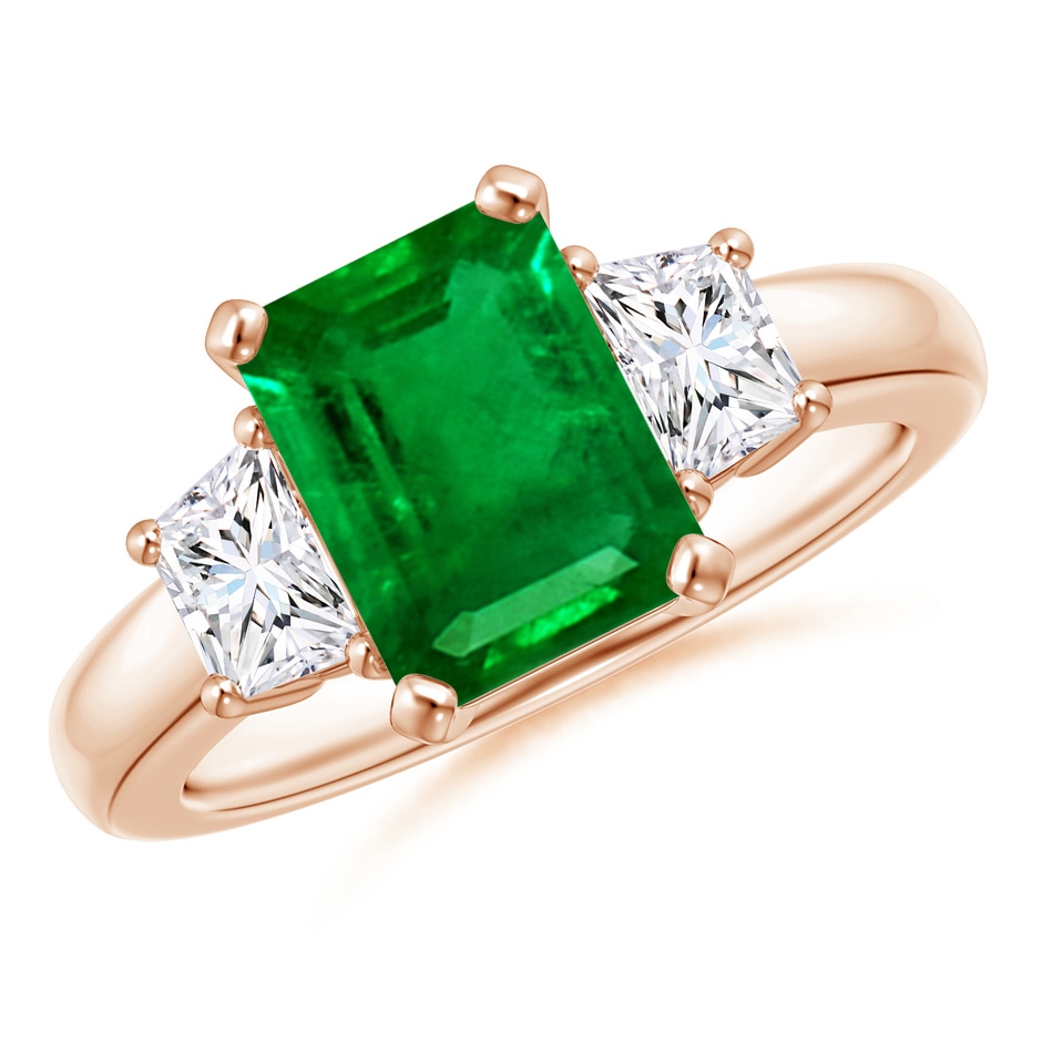 9x7mm AAAA Emerald and Diamond Three Stone Ring in 9K Rose Gold 