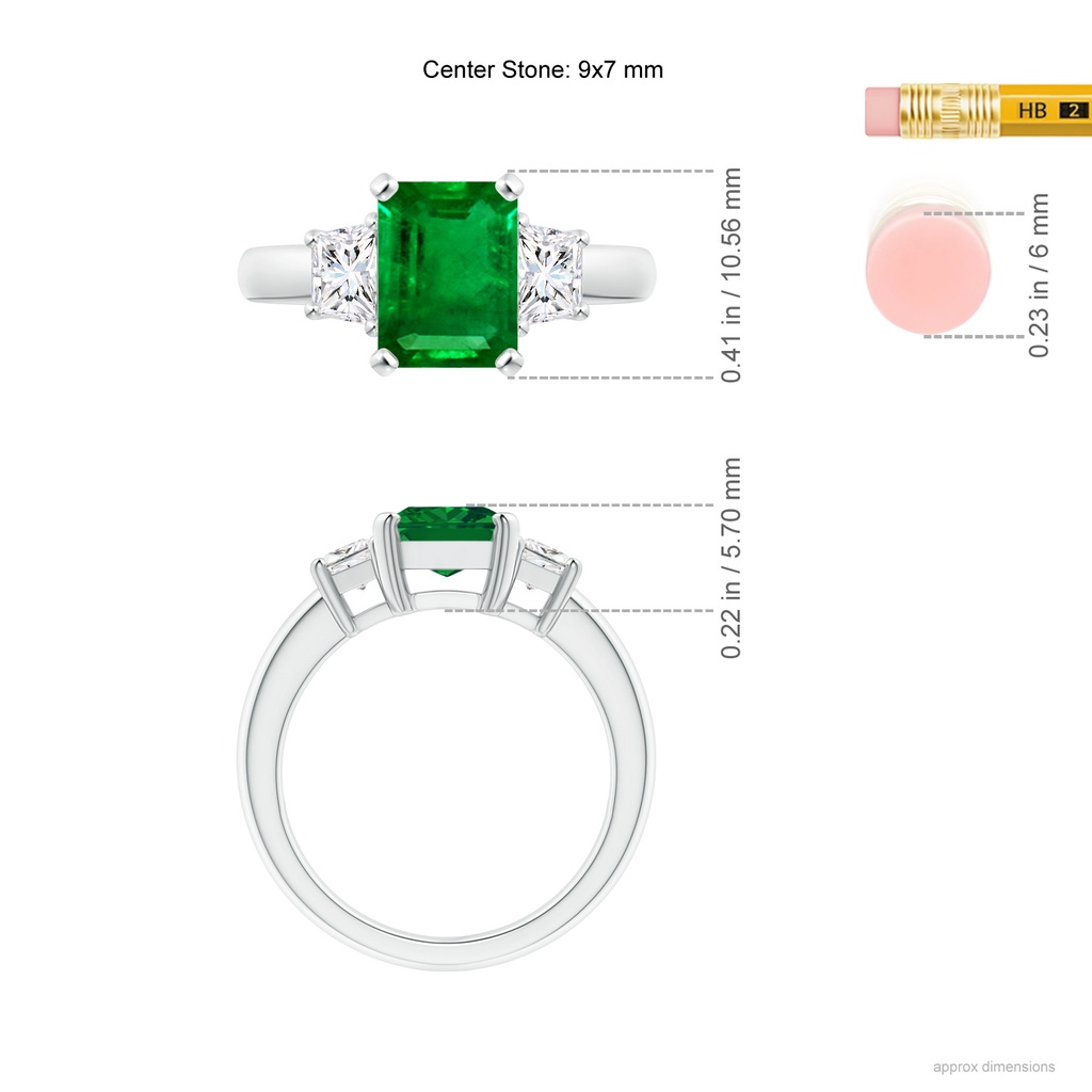 9x7mm AAAA Emerald and Diamond Three Stone Ring in P950 Platinum ruler