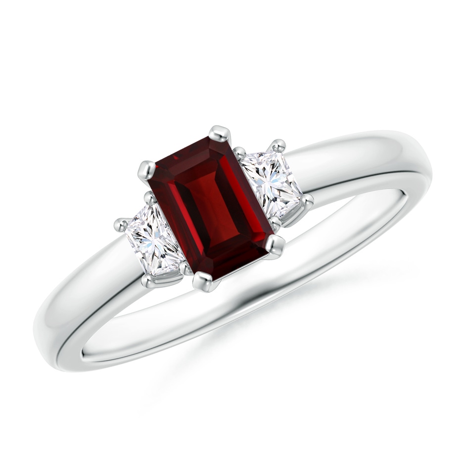 6x4mm AAA Emerald-Cut Garnet and Trapezoid Diamond Three Stone Ring in White Gold 
