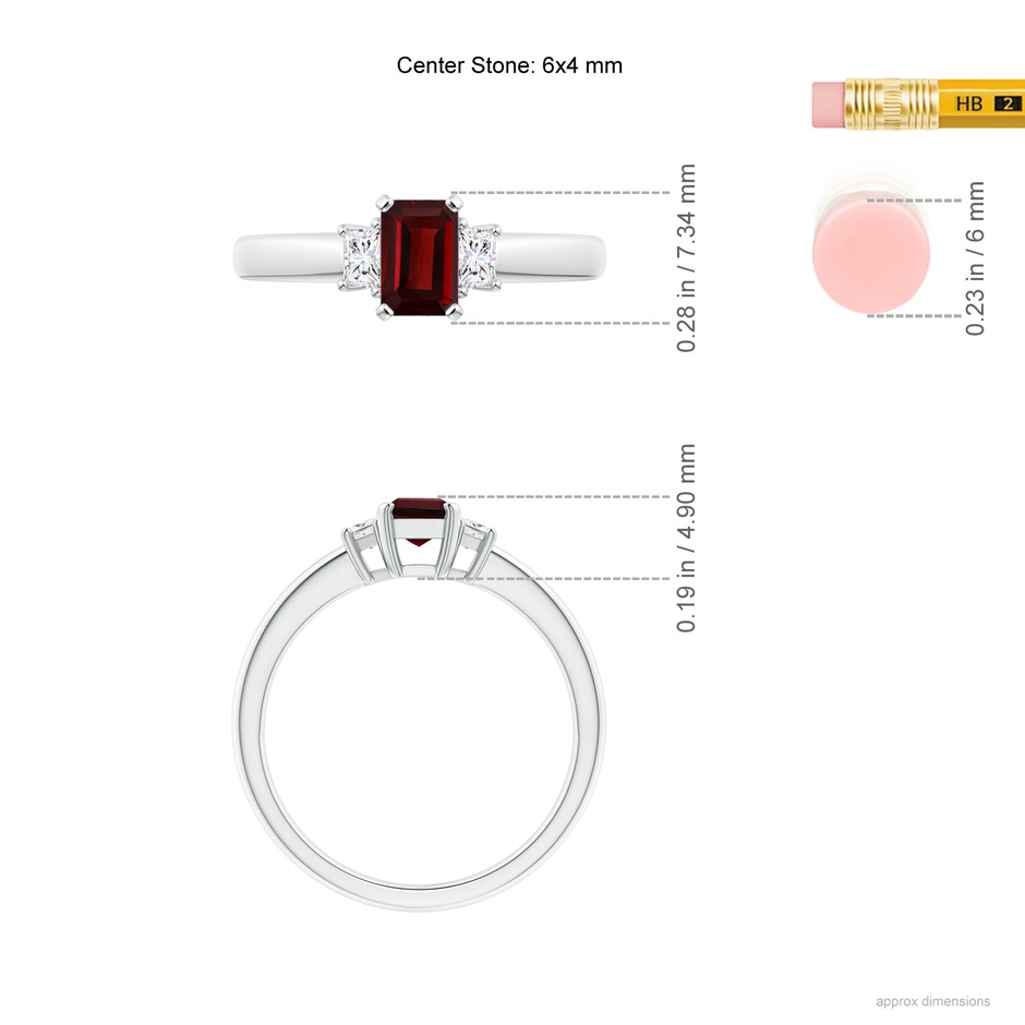 6x4mm AAA Emerald-Cut Garnet and Trapezoid Diamond Three Stone Ring in White Gold ruler