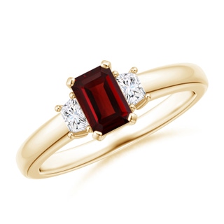 6x4mm AAA Garnet and Diamond Three Stone Ring in Yellow Gold