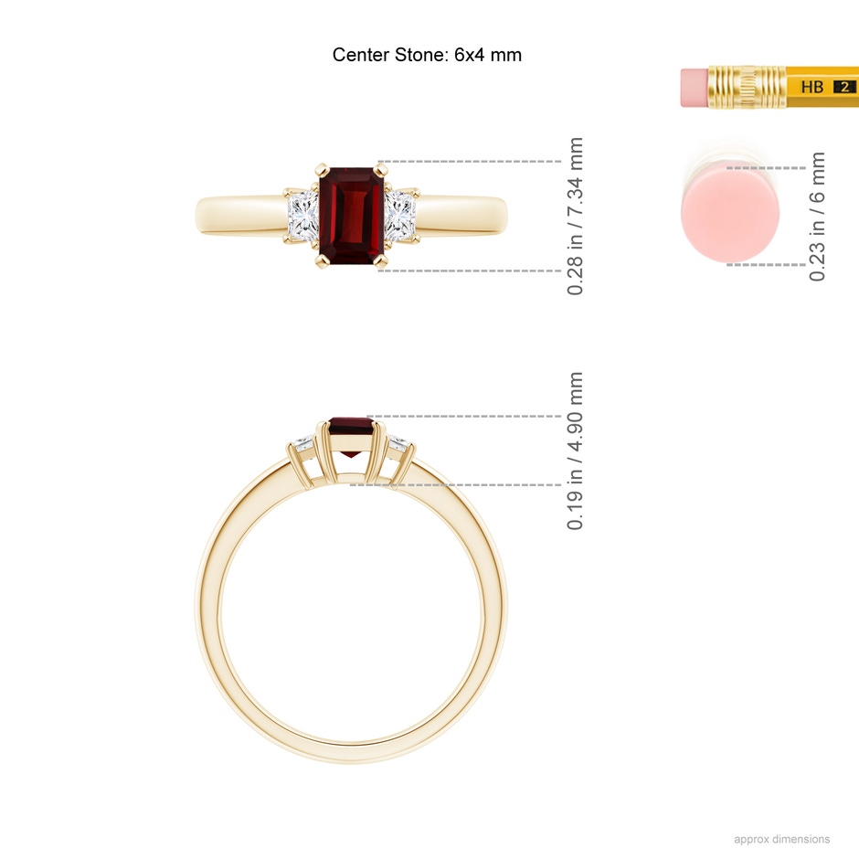 6x4mm AAA Emerald-Cut Garnet and Trapezoid Diamond Three Stone Ring in Yellow Gold ruler