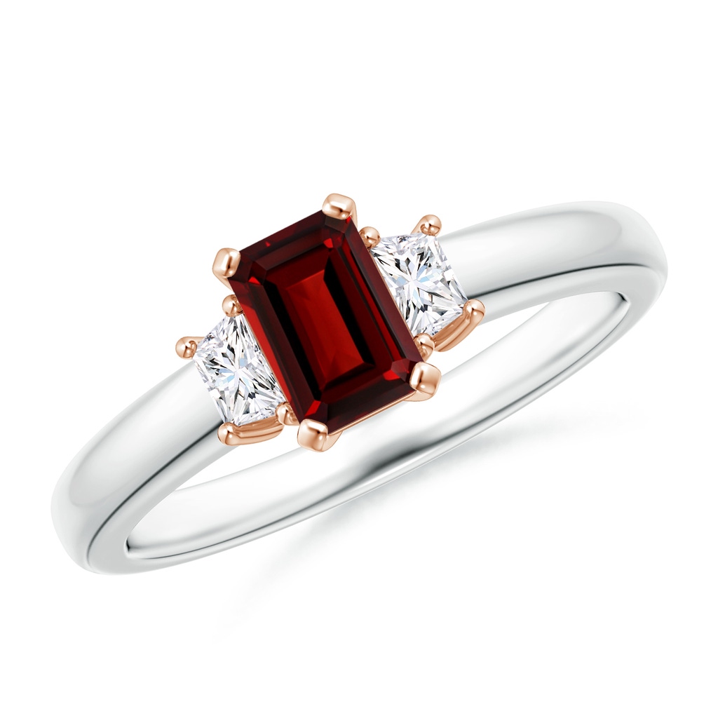 6x4mm AAAA Garnet and Diamond Three Stone Ring in White Gold Rose Gold