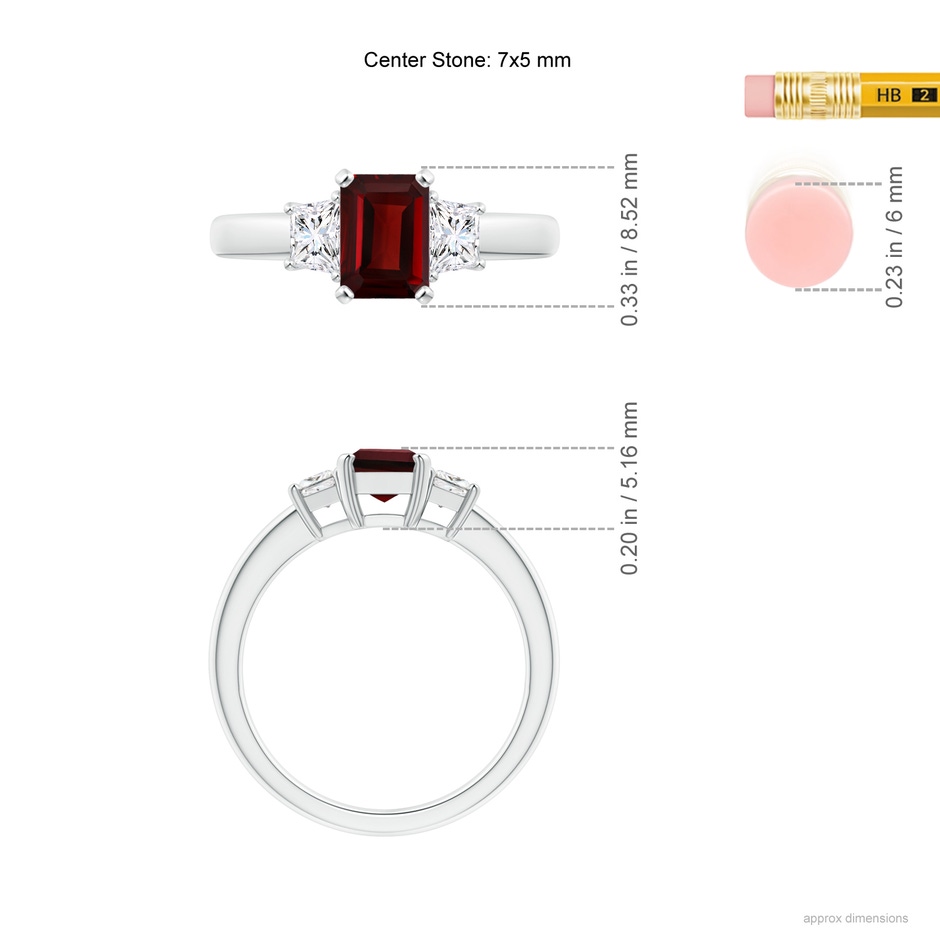 7x5mm AAA Emerald-Cut Garnet and Trapezoid Diamond Three Stone Ring in White Gold ruler