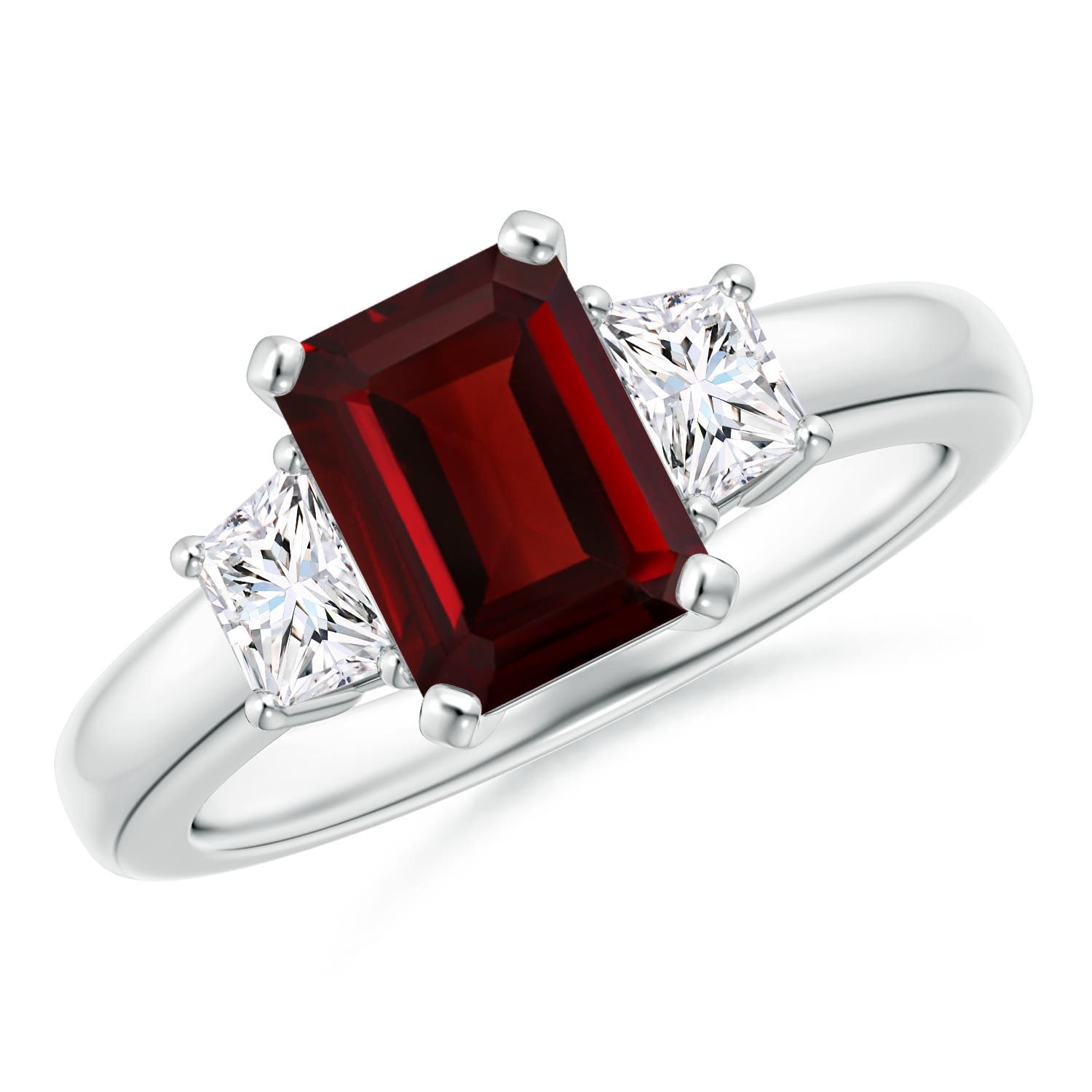 8x6mm AAA Emerald-Cut Garnet and Trapezoid Diamond Three Stone Ring in P950 Platinum