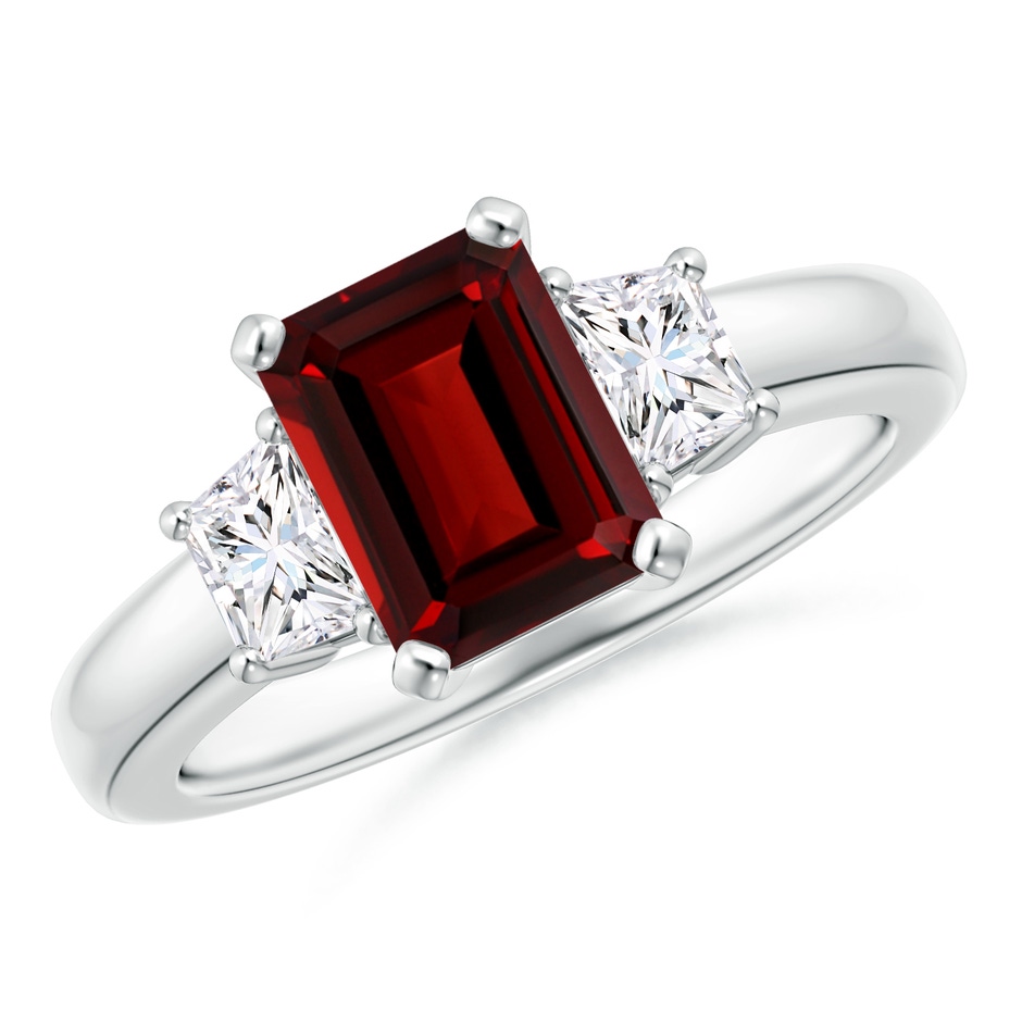 8x6mm AAAA Emerald-Cut Garnet and Trapezoid Diamond Three Stone Ring in P950 Platinum 