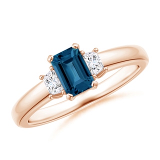 6x4mm AAA London Blue Topaz and Diamond Three Stone Ring in Rose Gold