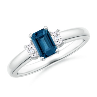 6x4mm AAA London Blue Topaz and Diamond Three Stone Ring in White Gold