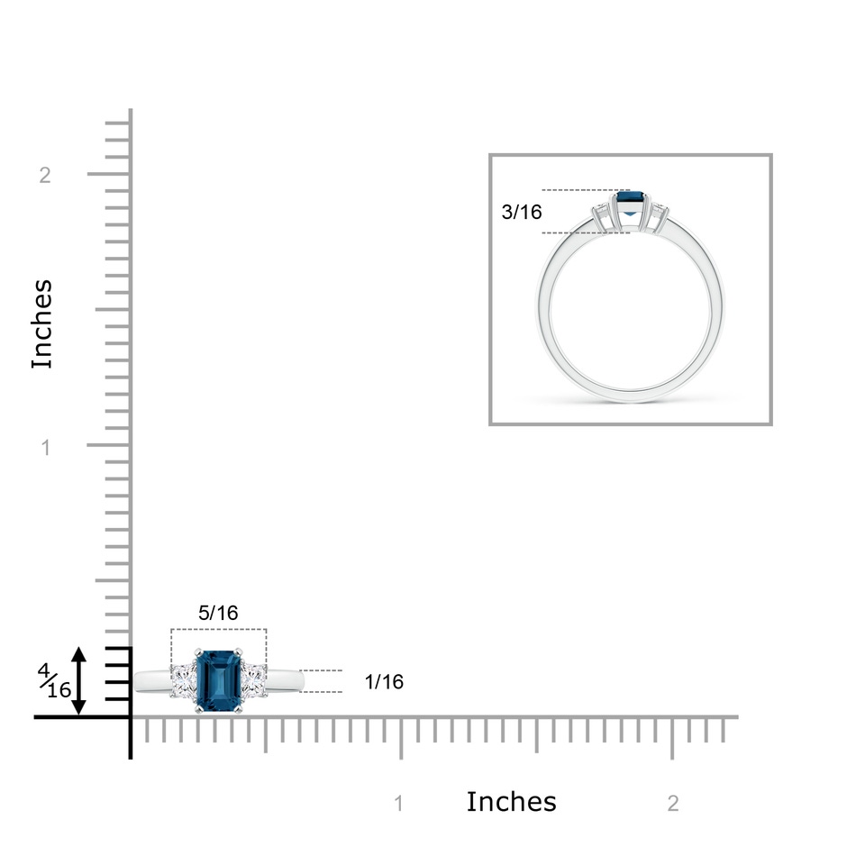 6x4mm AAA London Blue Topaz and Diamond Three Stone Ring in White Gold ruler