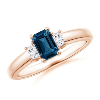 6x4mm AAAA London Blue Topaz and Diamond Three Stone Ring in 10K Rose Gold