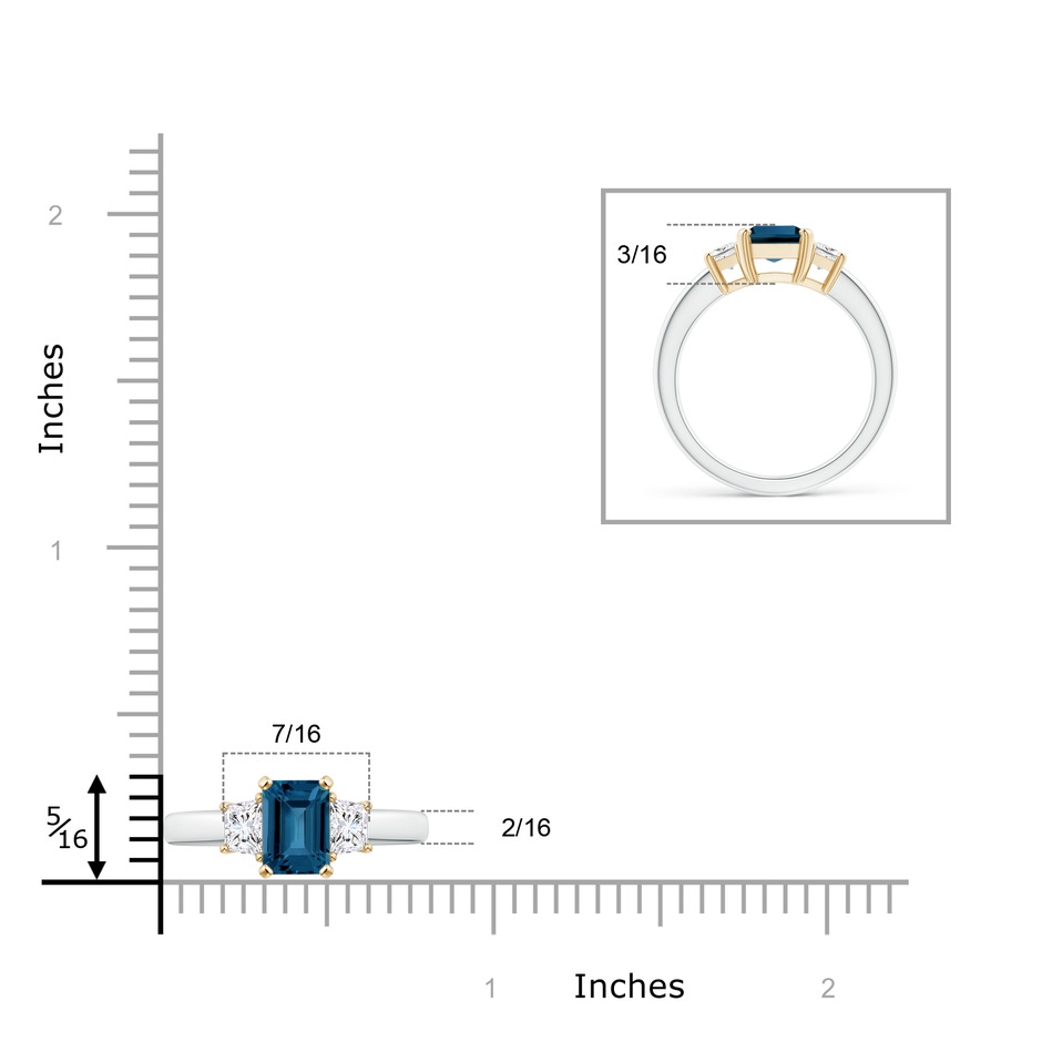 8x6mm AAA London Blue Topaz and Diamond Three Stone Ring in White Gold Yellow Gold ruler