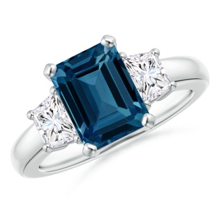 9x7mm AAAA London Blue Topaz and Diamond Three Stone Ring in P950 Platinum