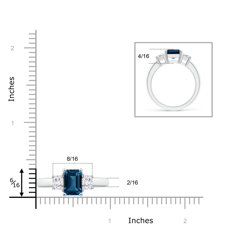 9x7mm AAAA London Blue Topaz and Diamond Three Stone Ring in P950 Platinum ruler