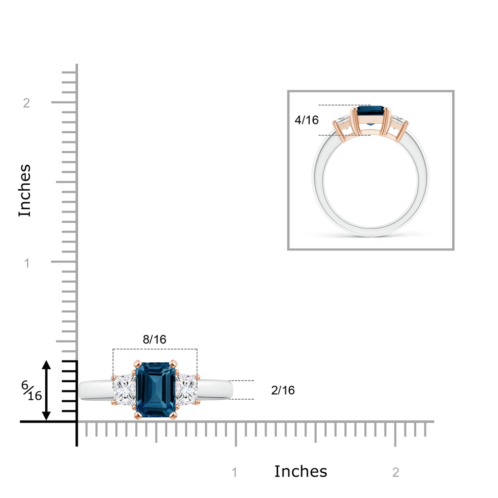 9x7mm AAAA London Blue Topaz and Diamond Three Stone Ring in White Gold Rose Gold Ruler