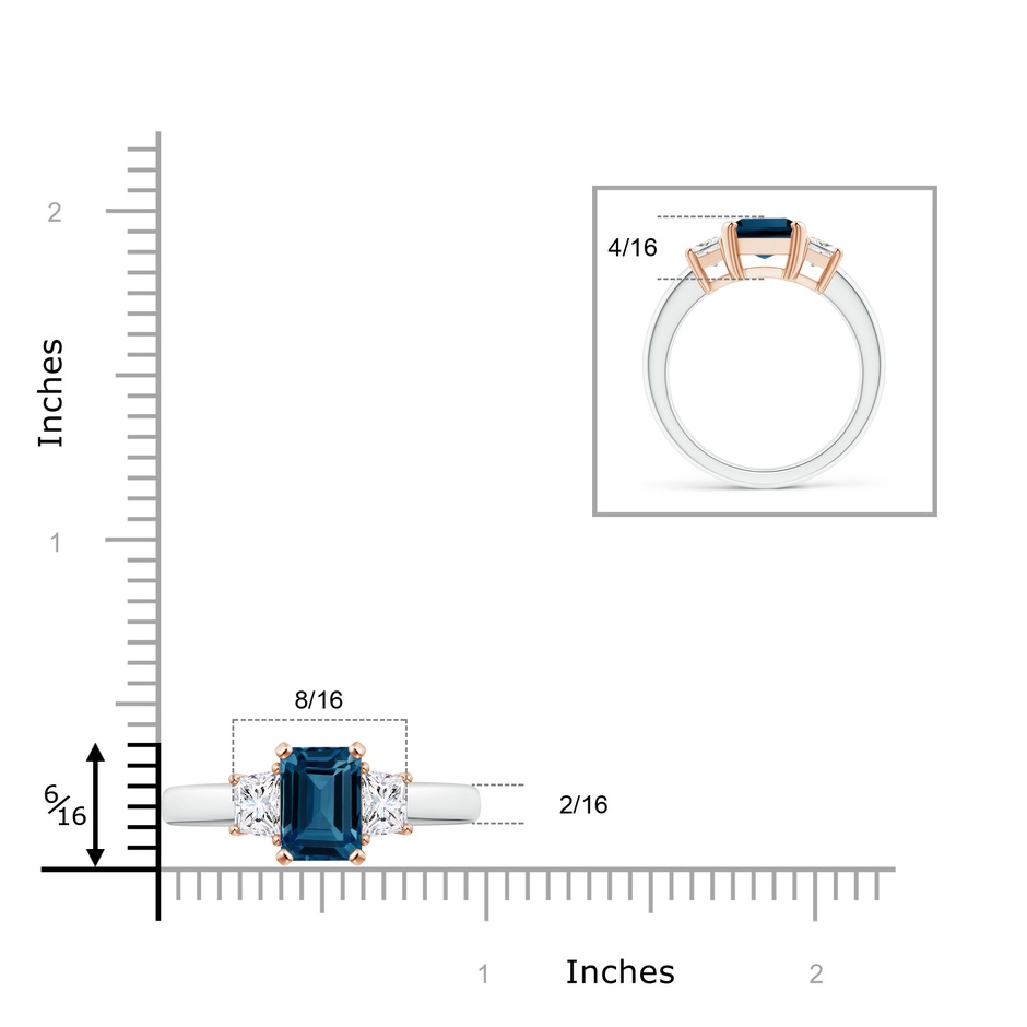 9x7mm AAAA London Blue Topaz and Diamond Three Stone Ring in White Gold Rose Gold ruler