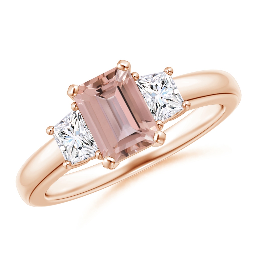7x5mm AAAA Morganite and Diamond Three Stone Ring in Rose Gold