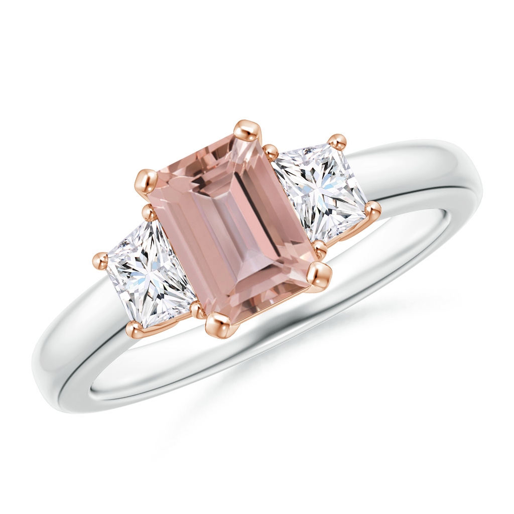 7x5mm AAAA Morganite and Diamond Three Stone Ring in White Gold Rose Gold