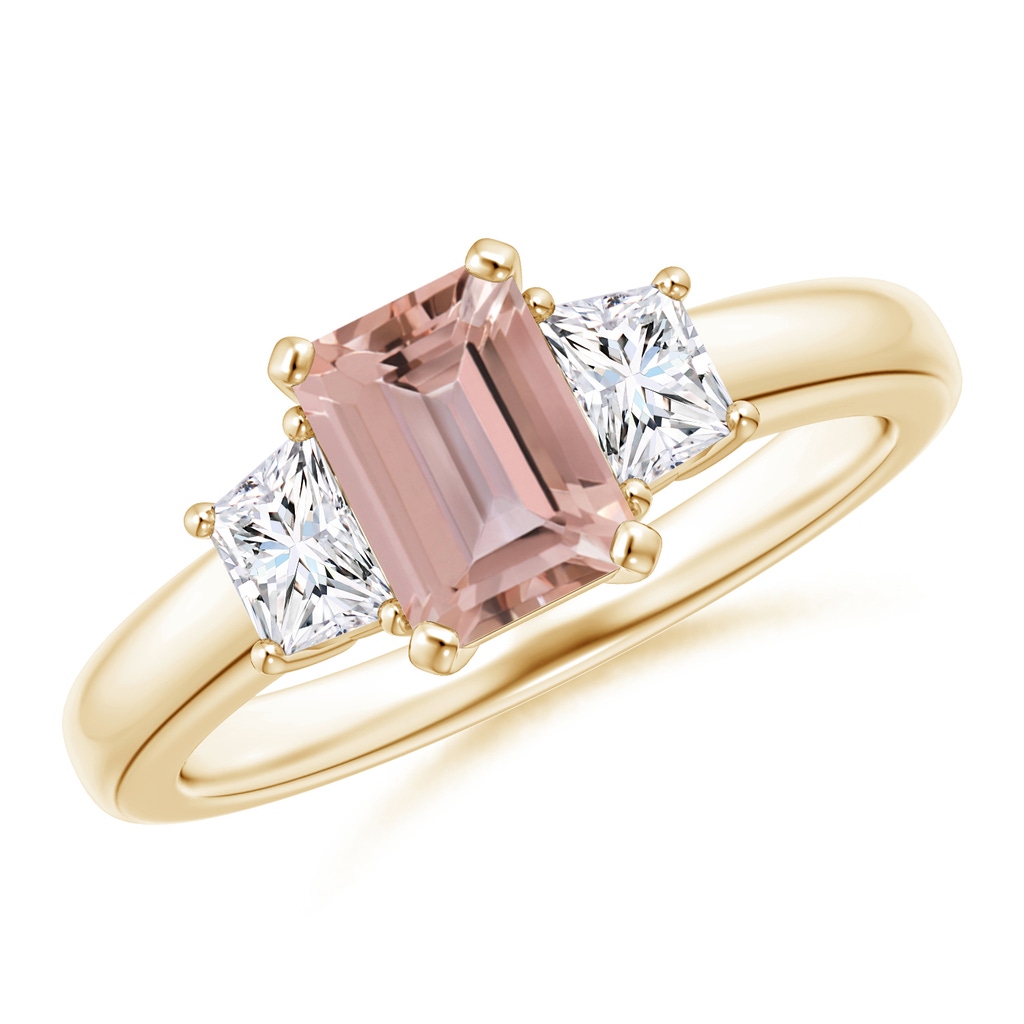 7x5mm AAAA Morganite and Diamond Three Stone Ring in Yellow Gold