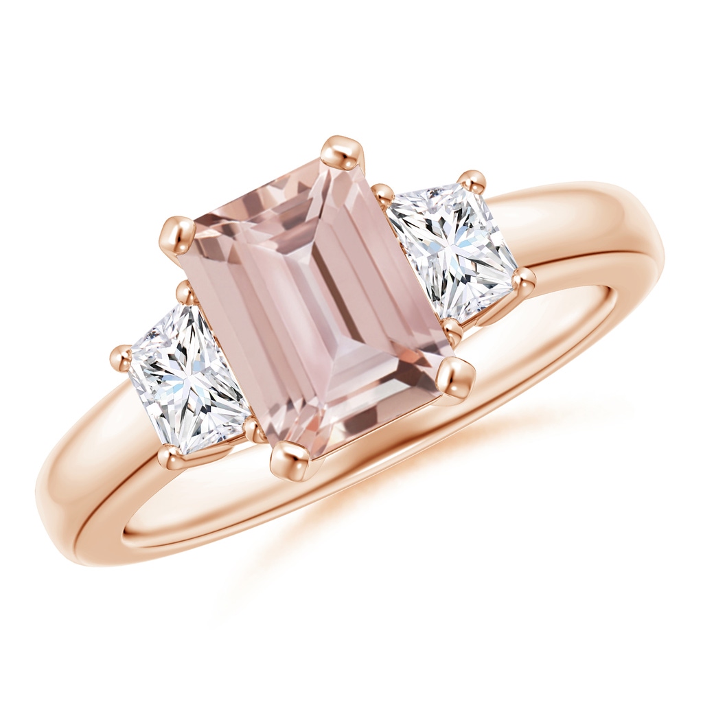 8x6mm AAA Morganite and Diamond Three Stone Ring in Rose Gold