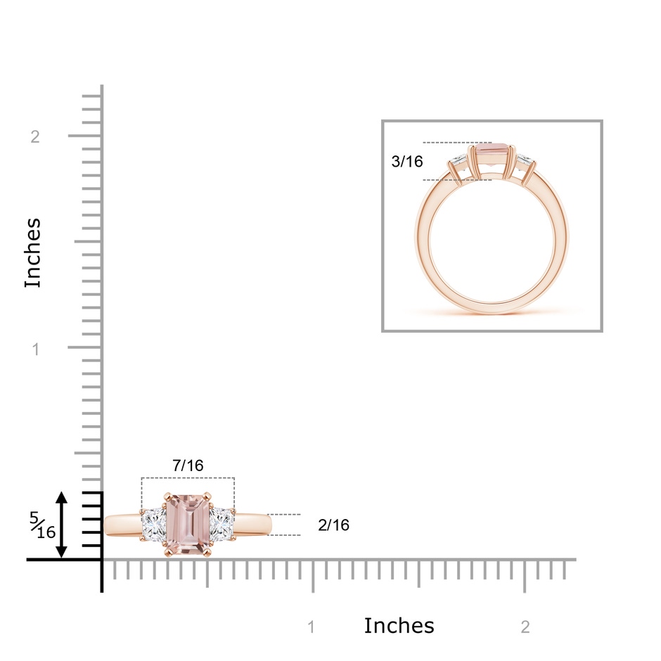 8x6mm AAA Morganite and Diamond Three Stone Ring in Rose Gold ruler