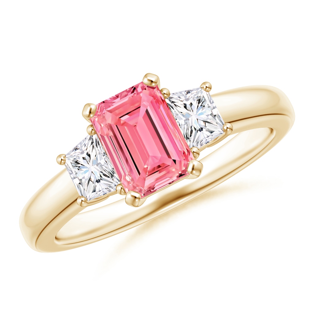 7x5mm AAAA Fancy Intense Pink and White Diamond Three Stone Ring in Yellow Gold