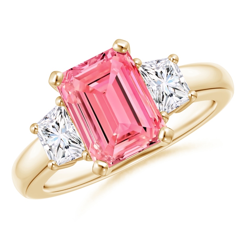 9x7mm AAAA Fancy Intense Pink and White Diamond Three Stone Ring in 18K Yellow Gold 
